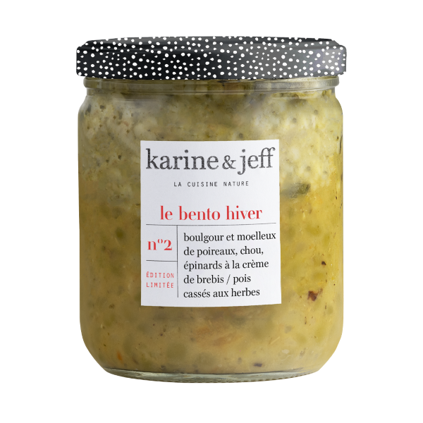 Bento collection hiver printemps - boulgour et moelleux de poireaux, chou, épinards à la crème de brebis, pois cassés aux herbes - 1